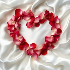Heart Shape Rose Petals Arrangement on Soft White Fabric Background