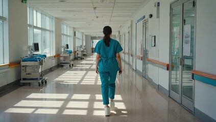 A healthcare professional in scrubs walks down a bright hospital corridor, sunlight illuminating the spacious area filled with medical equipment and empty patient rooms