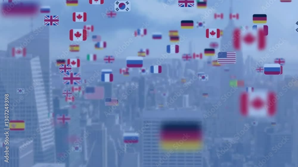 Poster cityscape with animation of flags symbolizing global connections and unity