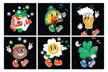 Collection of trendy cartoon characters associated with Ireland holidays and st Patricks day.