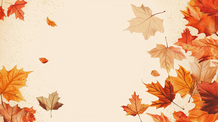 Fototapeta premium Falling autumn leaves background orange brown watercolor design red gold maple beige cream image