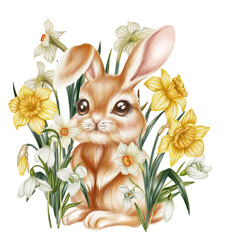 Print for Easter card. Brown bunny among white spring primroses. Daffodils, snowdrops. Cute watercolor rabbit in flowers