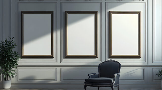 Three empty picture frames hang on the wall of an elegant living room
