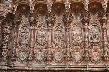 carved wood carving. close up of a wooden heritage artwork