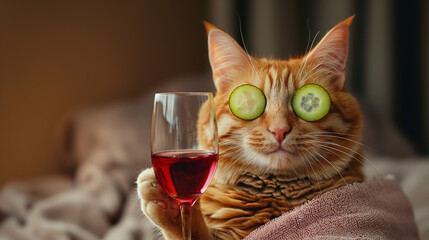 Cat is holding a glass of wine and has cucumber slices on its eyes