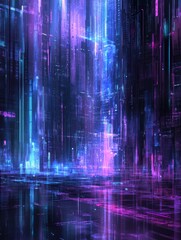 Abstract digital art with vertical lines in shades of blue and purple creating a futuristic feel with glowing dots. The composition features reflections and a dark background