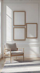 Fototapeta premium Three empty picture frames hang on the wall of an elegant living room 