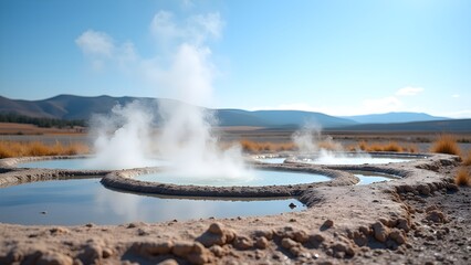 Scenic hot springs landscape with geothermal pools, steam, mountains, and clear blue sky in a natural desert setting