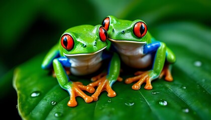 Obraz premium Two Red-eyed Tree Frogs Resting on Leaf in Lush Rainforest