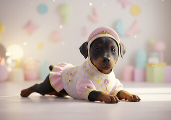 El lindo cachorro de Doberman en un vestido.