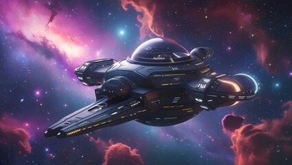 Futuristic spacecraft traveling through a distant galaxy surrounded by colorful nebulae and stars. Perfect for illustrating advanced space exploration and interstellar travel concepts.