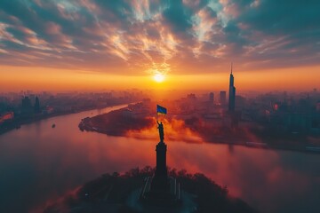 Aerial shot of the Ukrainian flag blowing in the wind above Kyiv, Ukraine, next to the well-known Motherland statue. Generative Ai