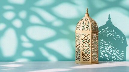 Beautiful illuminated Arabic lantern for Ramadan decoration against a blue background, symbolizing Islamic culture, spirituality, and festive celebration.