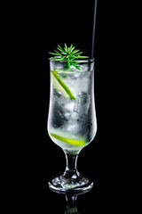Premium gin and tonic with lime and rosemary, served in an elegant glass on a black background