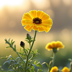Fototapeta premium Morning marigold flower with vibrant orange and yellow petals. Created with generative AI.