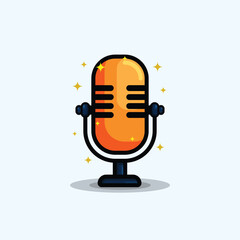 A vibrant, cartoon-style retro microphone illustration with a glowing orange body, surrounded by sparkling effects on a light blue background.