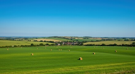 Obraz premium Lush green fields with hay bales under a clear blue sky near a quaint village