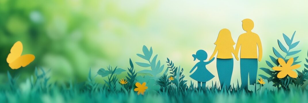 Celebrating Foster Care Month: Happy Paper-Cut Family Embracing Love in Matching Attire on Green Background - Powered by Adobe