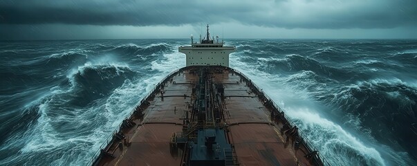 Cargo ship navigating through stormy seas, symbolizing uncertainty and risk in international trade