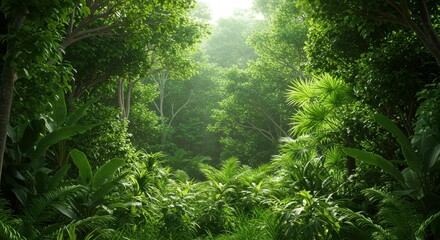 Fototapeta premium Lush green forest landscape with dense foliage and soft sunlight filtering through trees