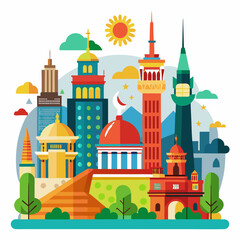 Fototapeta premium City landmarks in vibrant illustration with sunny background
