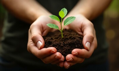 Hands gently holding a tiny tree sapling, rich soil falling between fingers, warm earthy tones.