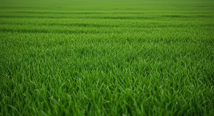 Fototapeta premium Lush green rice field under clear blue sky, showcasing nature's bounty and tranquility