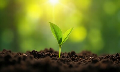A young green sprout emerging from rich soil, soft sunlight filtering through blurred foliage.