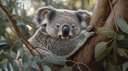 Fototapeta premium A koala clings to a tree, surrounded by lush green leaves, showcasing its adorable face and unique features in a natural habitat.