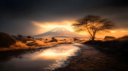 Captivating and dramatic twilight landscape of the Kenyan savanna where the silhouette of Mount Kilimanjaro stands against a sky painted in deep oranges and purples