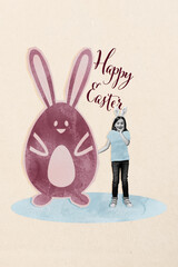 Trend artwork banner sketch photo collage of young age girl stand rabbit family easter festive...