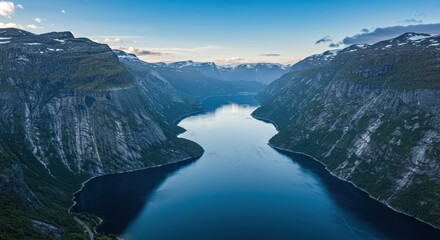 Obraz premium Majestic fjord landscape at twilight, reflecting mountains and serene waters
