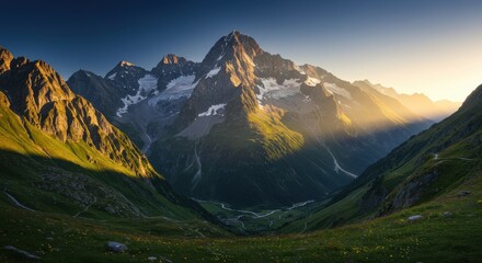 Fototapeta premium Majestic mountain landscape at sunrise with vibrant valleys and serene atmosphere