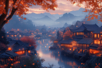 Fototapeta premium Autumnal Chinese Village at Night with River Backdrop