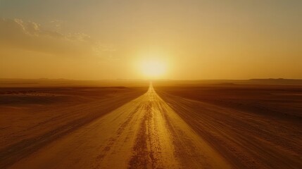 Naklejka premium Expansive Desert Landscape at Sunset with Road Leading into Horizon and Warm Golden Sunlight Illuminating the Sky