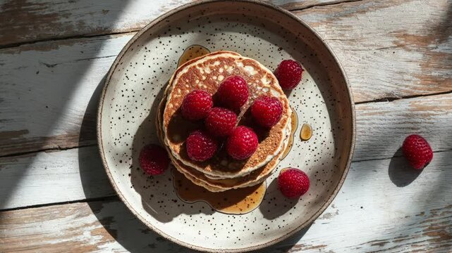 Pancakes Topped with Fresh Raspberries and Drizzled Syrup on Wooden Table