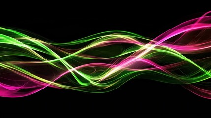 Naklejka premium Abstract green and pink glowing wavy lines on black background