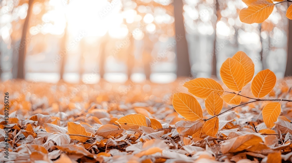 Poster captivating autumn scene as warm sunlight filters through a lush forest canopy illuminating a vibran