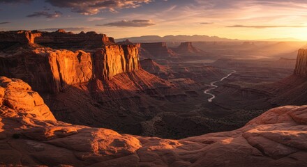 Fototapeta premium Majestic sunset over canyon landscape with winding river and distant mountains