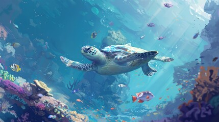 A large sea turtle swims gracefully among colorful coral reefs