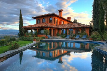 Naklejka premium Elegant Mediterranean villa with stunning pool and beautiful landscape at sunset
