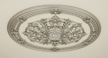 Ornate Silver Ceiling Medallion with Floral Reliefs and Crystals