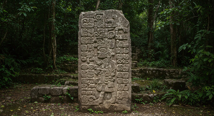 Ancient Weathered Mayan Stele with Intricate Carvings Amidst Lush Tropical Vegetation