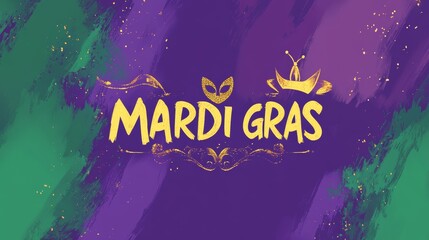 Minimalist vector logo design for Mardi Gras with bold "MARDI GRAS" text on a vibrant purple, green, and yellow background, featuring brush strokes and a festive mask icon.