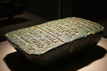 Ancient Green Stone Tablet with Classical Greek Inscriptions on Beige Surface