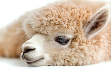 Obraz premium Close up portrait of young beige alpaca lying down showing soft fluffy wool texture and gentle facial features against white background, isolated.