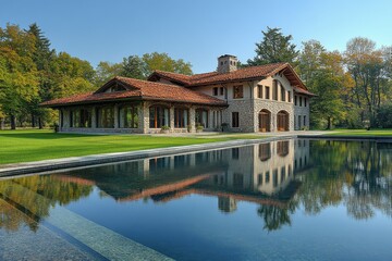 Obraz premium Elegant Stone Mansion Surrounded by Lush Greenery and Reflective Pool in Peaceful Landscape