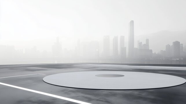 Urban skyline in foggy weather with a rooftop helipad, overlooking tall buildings and serene atmosphere, creating a tranquil yet modern cityscape