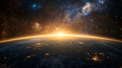 Stunning earth sunrise space view with bright golden light and starry galaxy sky dark stars night