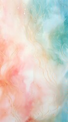 Fototapeta premium Dreamy watercolor background in coral pink and mint green with delicate gold wavy lines. Ethereal marble texture creates soft flowing abstract pattern for wall art.